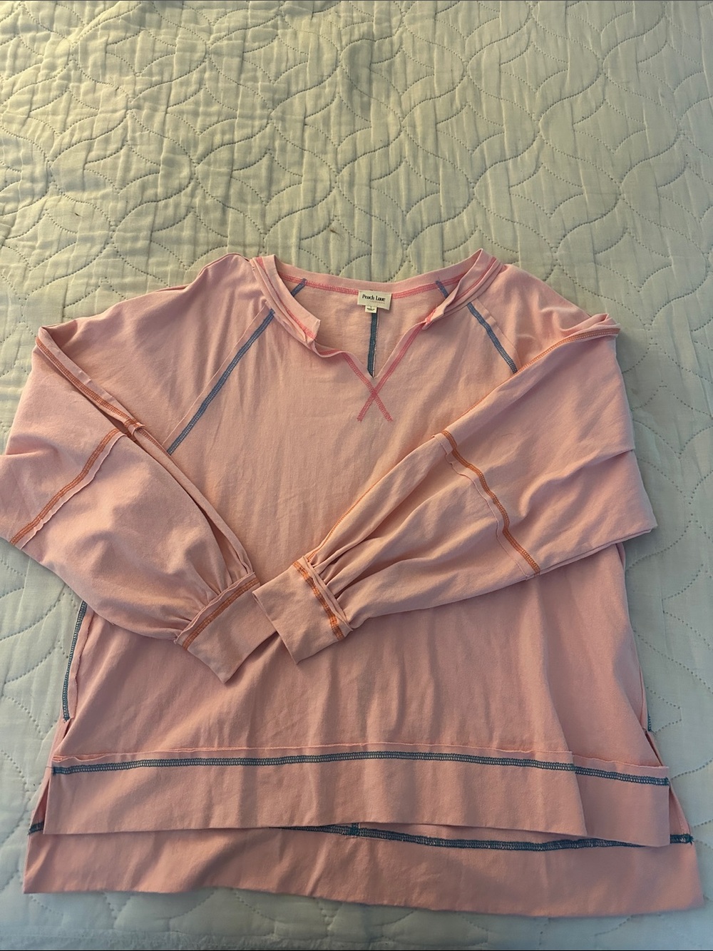 Pink Long Sleeve Pullover with Contrast Stitching